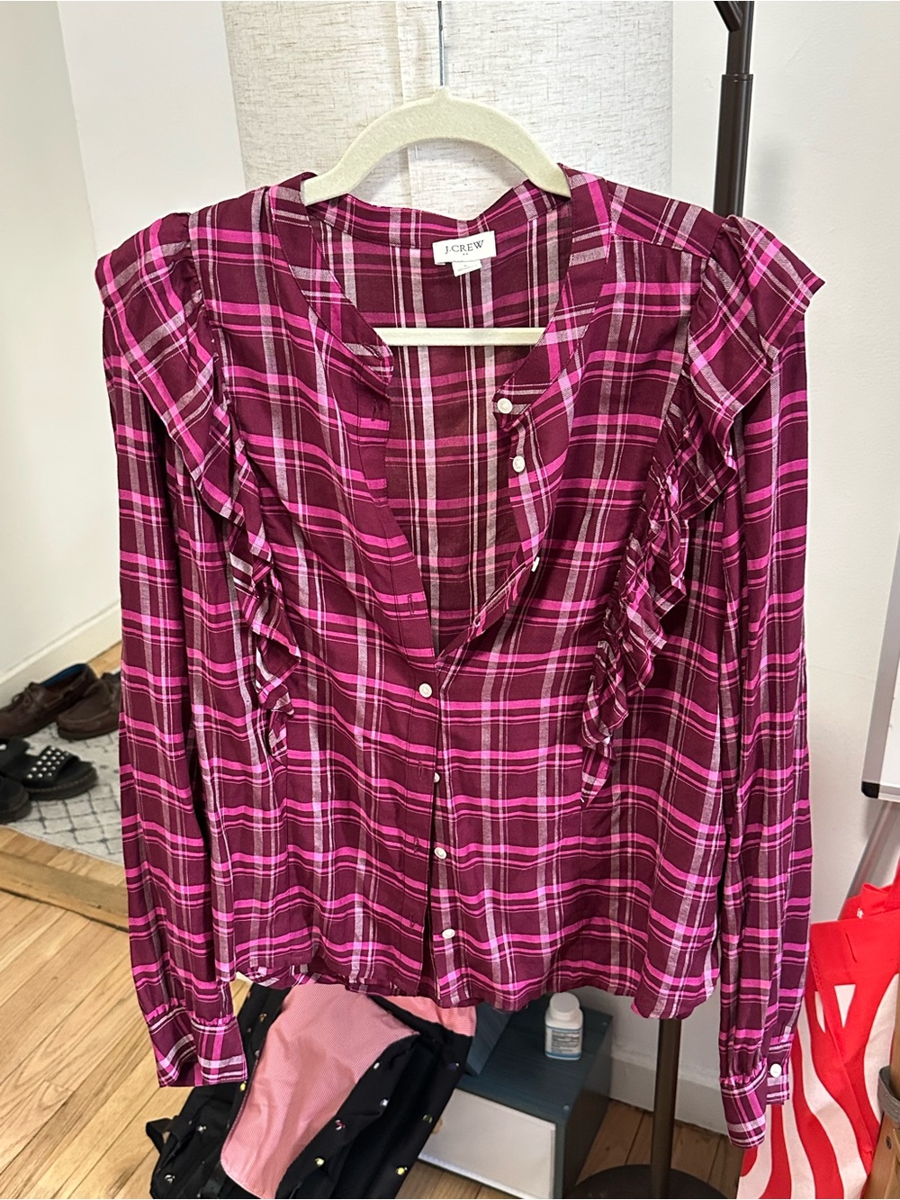 J. Crew Magenta & Pink Plaid Ruffle-Trim Button-Down Top